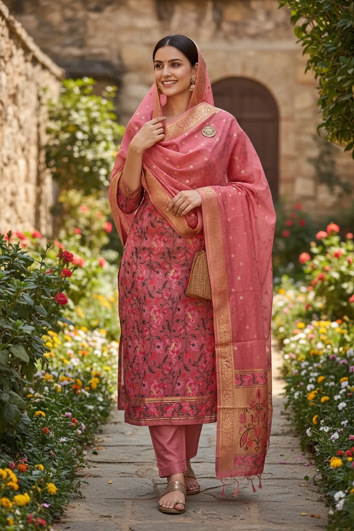 pink Banarasi Cotton Silk Tilfi Meena Suit Material  Premium Unstitched 3-Piece Set